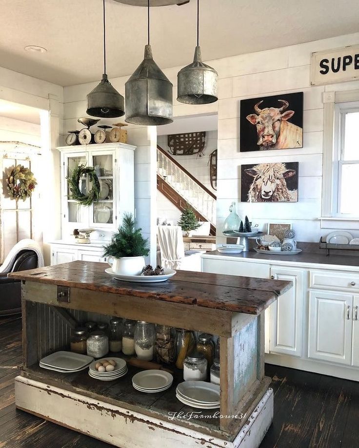 Farmhouse kitchen with industrial lighting fixtures