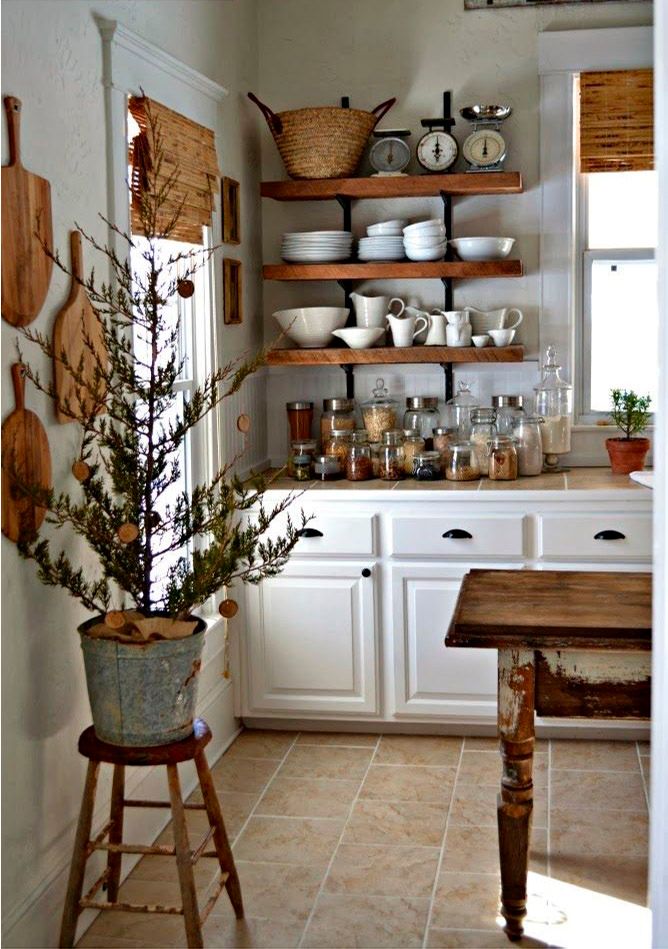 Farmhouse kitchen with vintage pantry shelving