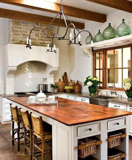 Farmhouse kitchen with oversized chandelier