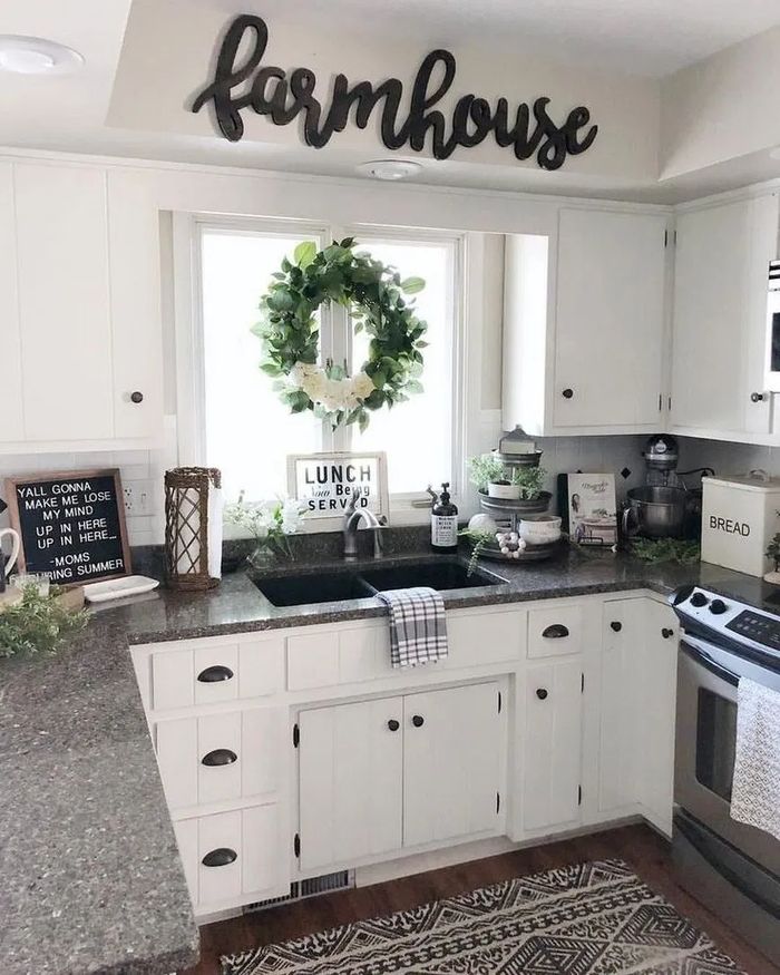 Farmhouse kitchen with green wreath