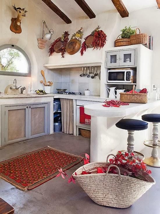 Farmhouse kitchen with red accents