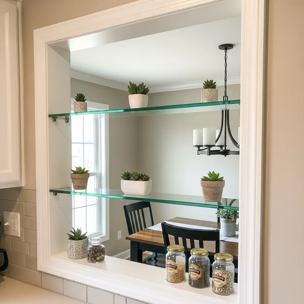 Install Glass Shelves - 30 Genius Kitchen Pass Through Ideas