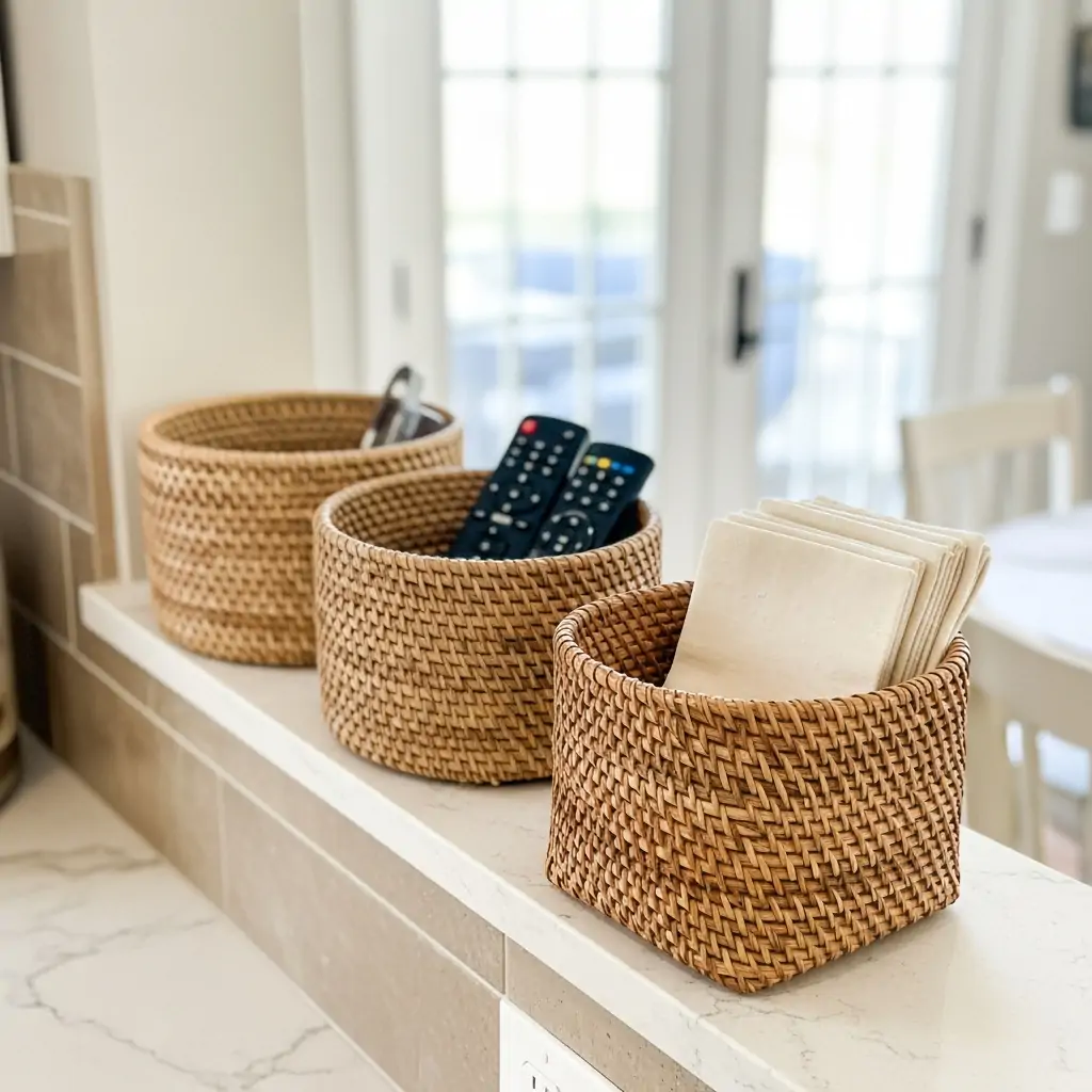 Use Woven Baskets - 30 Genius Kitchen Pass Through Ideas