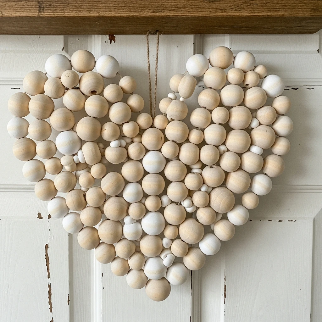 Neutral Wooden Bead Heart - 30 Simple Valentine Door Decoration Ideas for a Beautiful Home