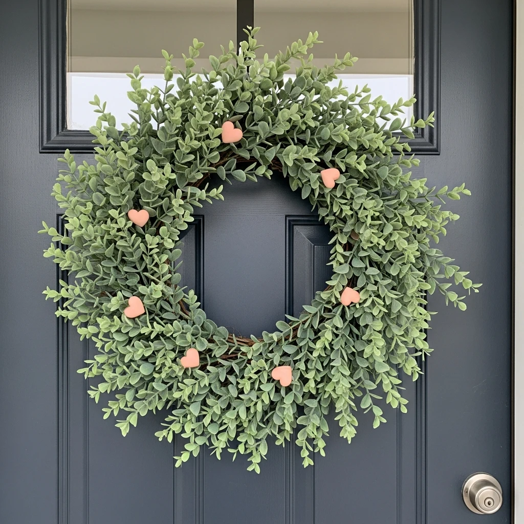 Simple Eucalyptus With Hearts - 30 Simple Valentine Door Decoration Ideas for a Beautiful Home