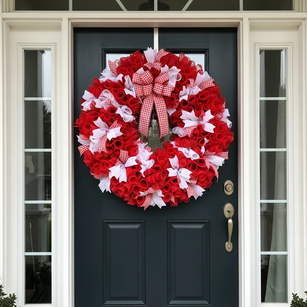 Classic Red & White Wreath - 30 Simple, Budget-Friendly Valentine Front Porch Ideas