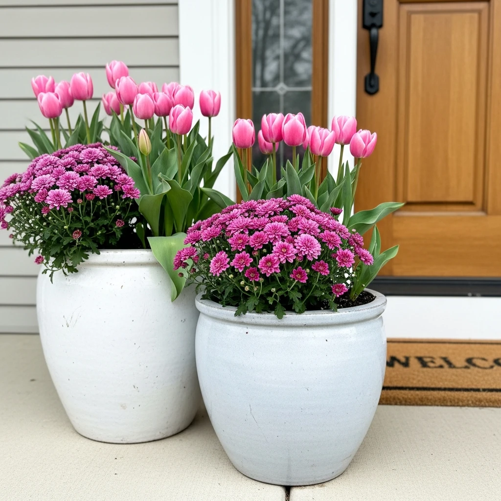 Planters with Pink Flowers - 30 Simple, Budget-Friendly Valentine Front Porch Ideas