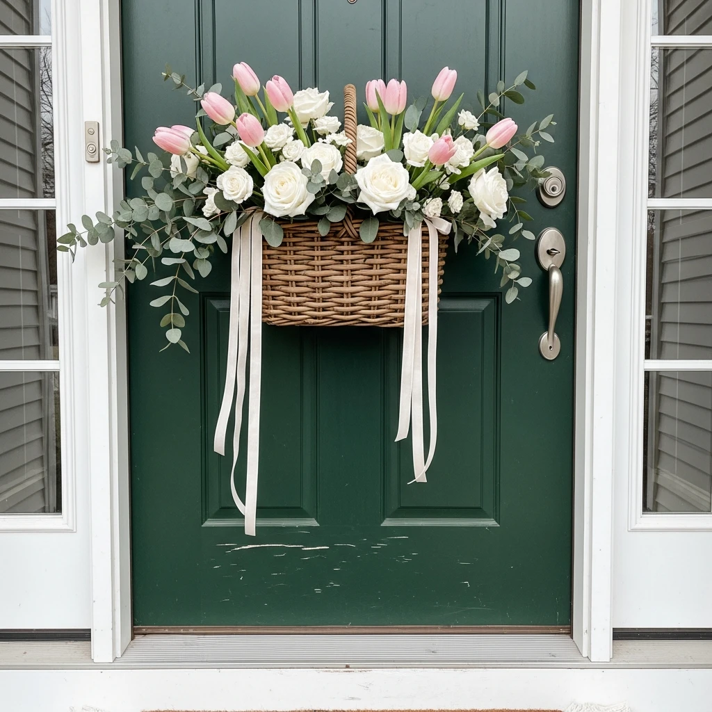 Basket Door Wreath Swap - 30 Simple, Budget-Friendly Valentine Front Porch Ideas