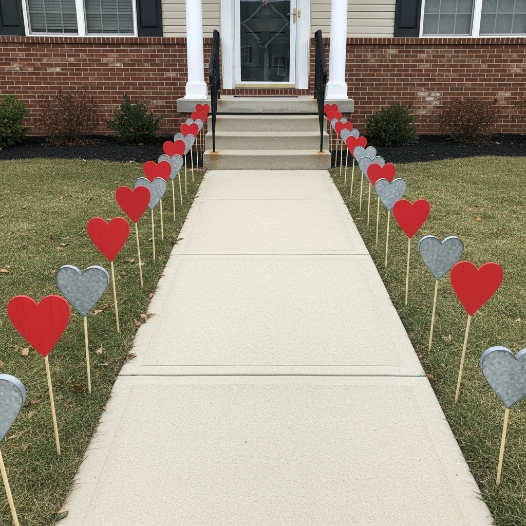 Walkway Heart Stakes - 30 Simple, Budget-Friendly Valentine Front Porch Ideas
