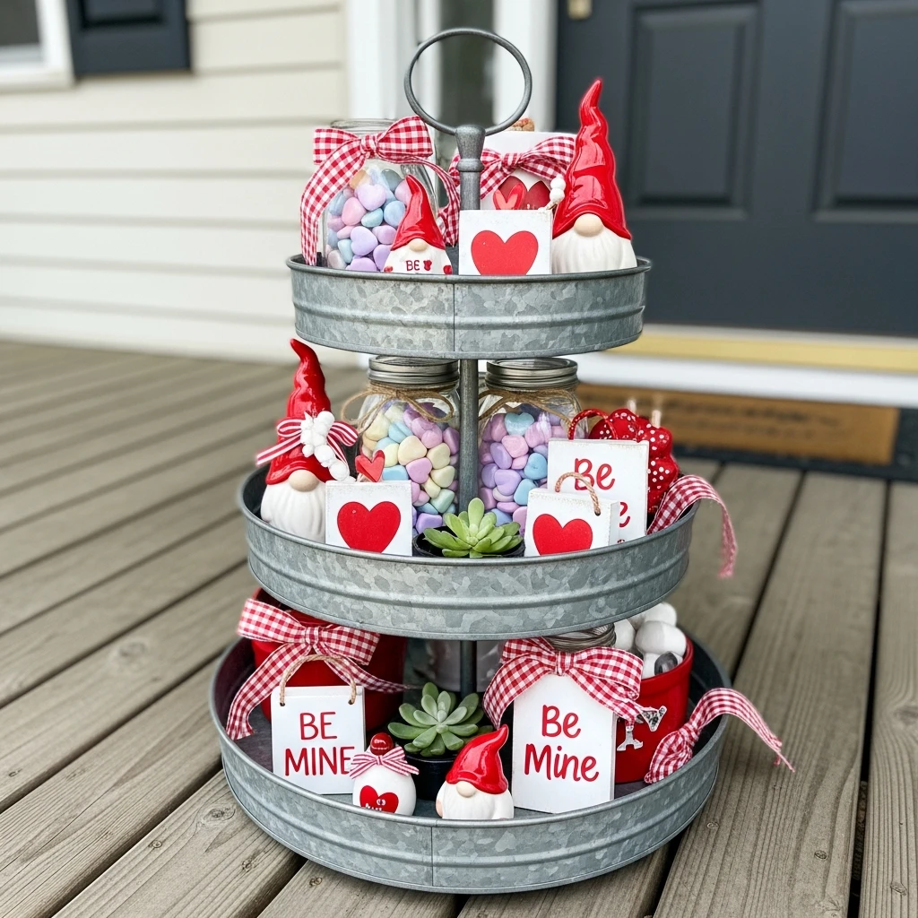 Outdoor Tiered Tray - 30 Simple, Budget-Friendly Valentine Front Porch Ideas