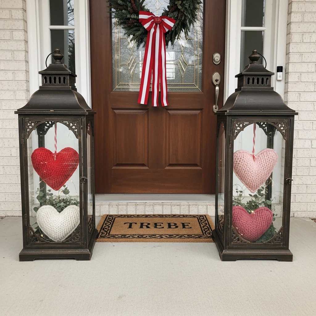 Lanterns with Heart Fill - 30 Simple, Budget-Friendly Valentine Front Porch Ideas