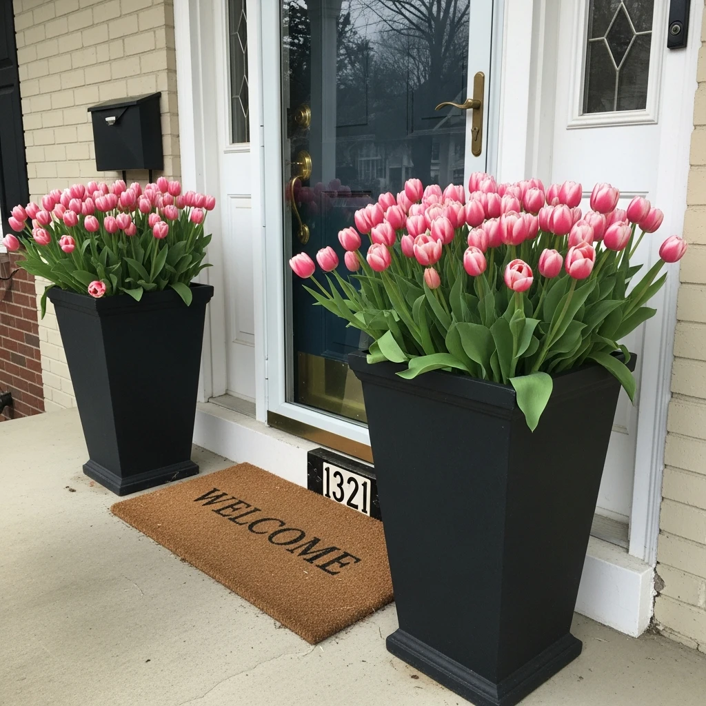 Fresh Pink Tulip Planters - 30 Simple, Budget-Friendly Valentine Front Porch Ideas