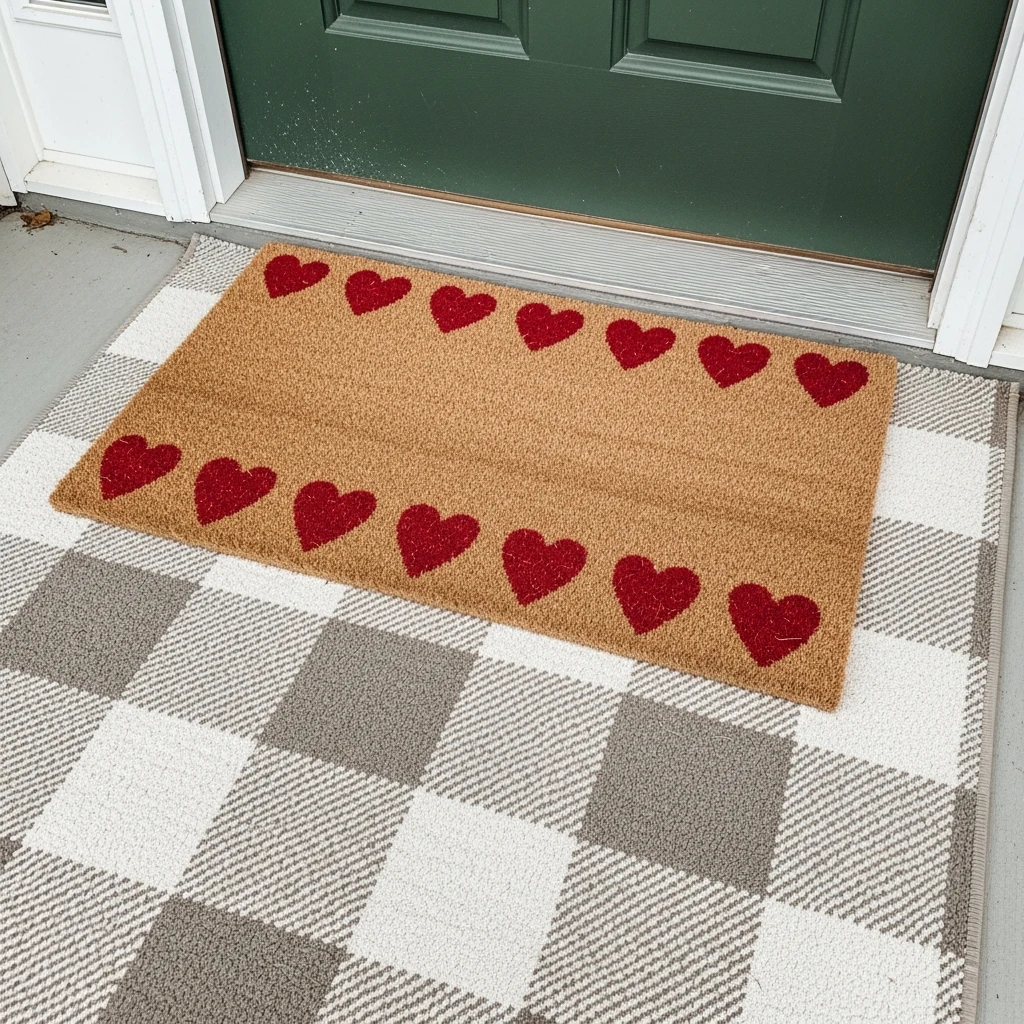 Layered Cozy Doormat Look - 30 Simple, Budget-Friendly Valentine Front Porch Ideas