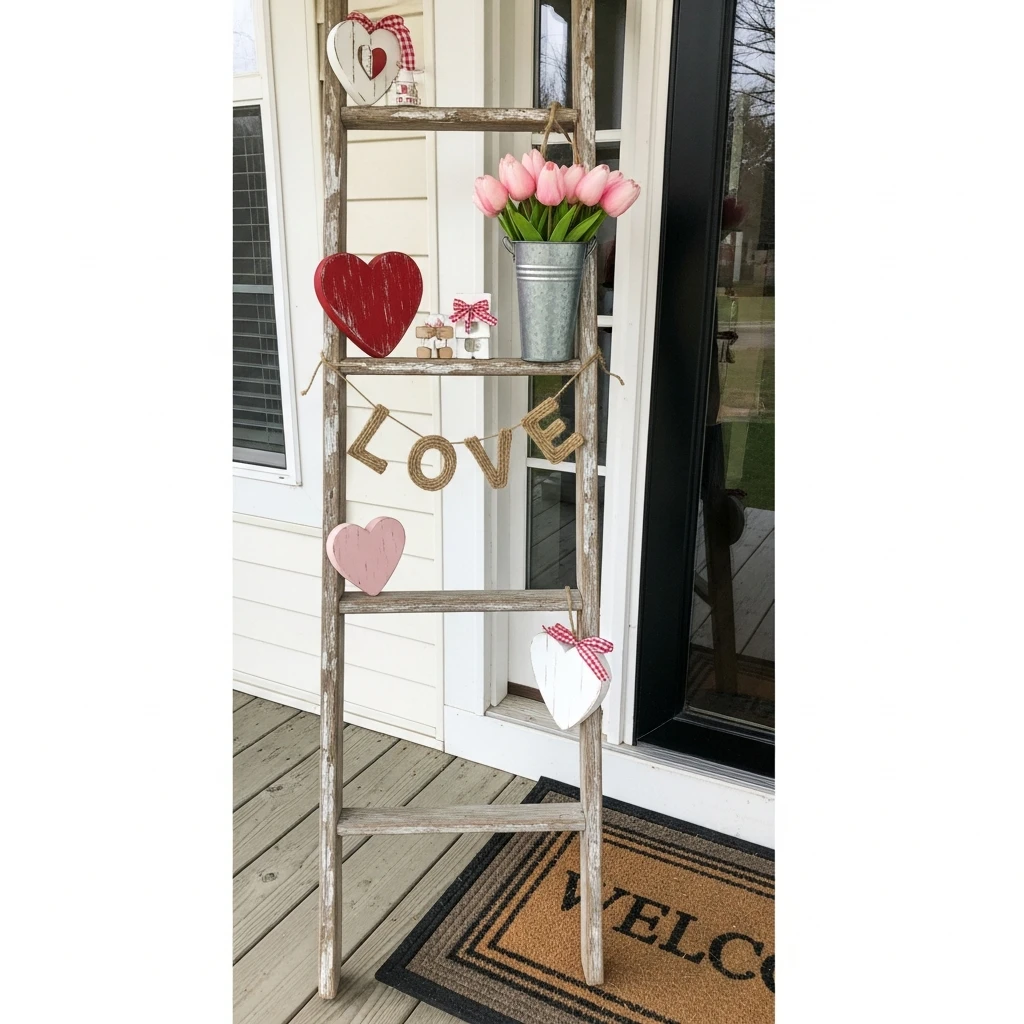 Layered Ladder Vignette - 30 Simple, Budget-Friendly Valentine Front Porch Ideas