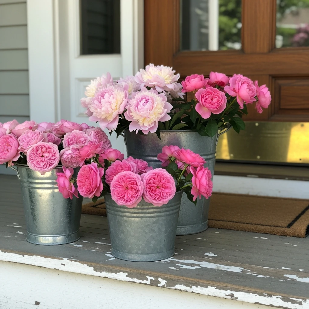Rustic Pink Flower Buckets - 30 Simple, Budget-Friendly Valentine Front Porch Ideas