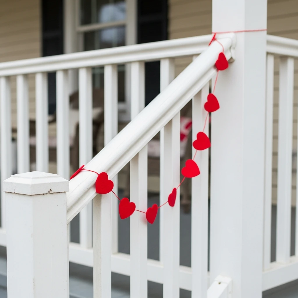 Simple Heart Railing Garland - 30 Simple, Budget-Friendly Valentine Front Porch Ideas