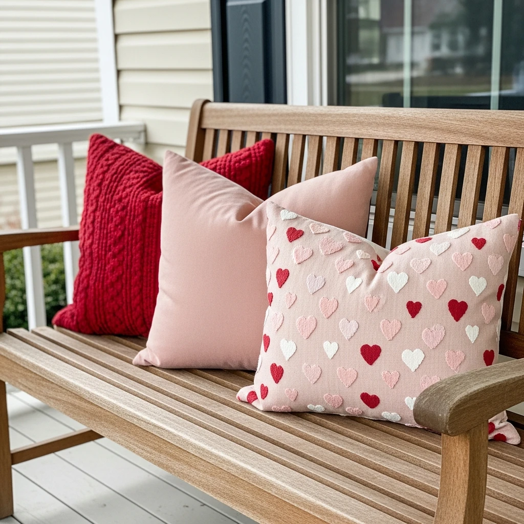 Swap Porch Throw Pillows - 30 Simple, Budget-Friendly Valentine Front Porch Ideas