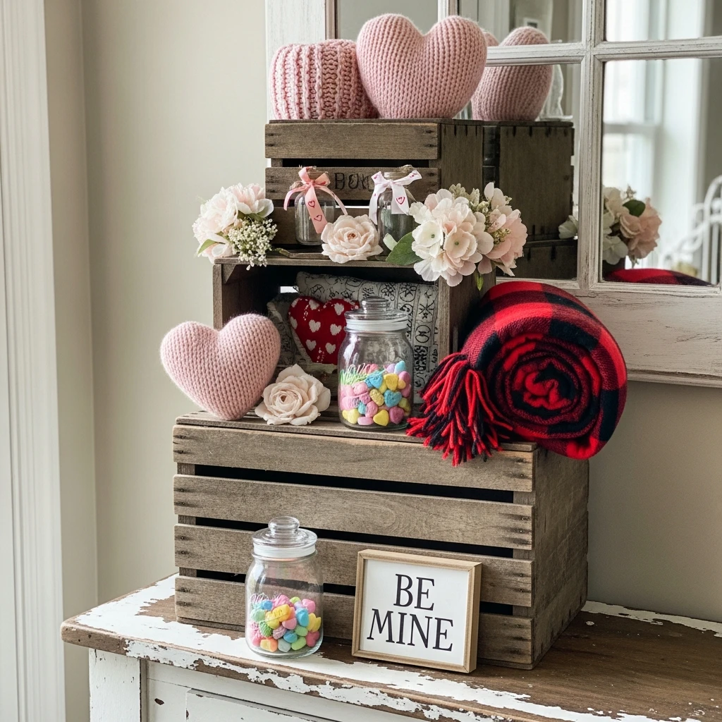Tiered Crate Display - 30 Simple, Budget-Friendly Valentine Front Porch Ideas