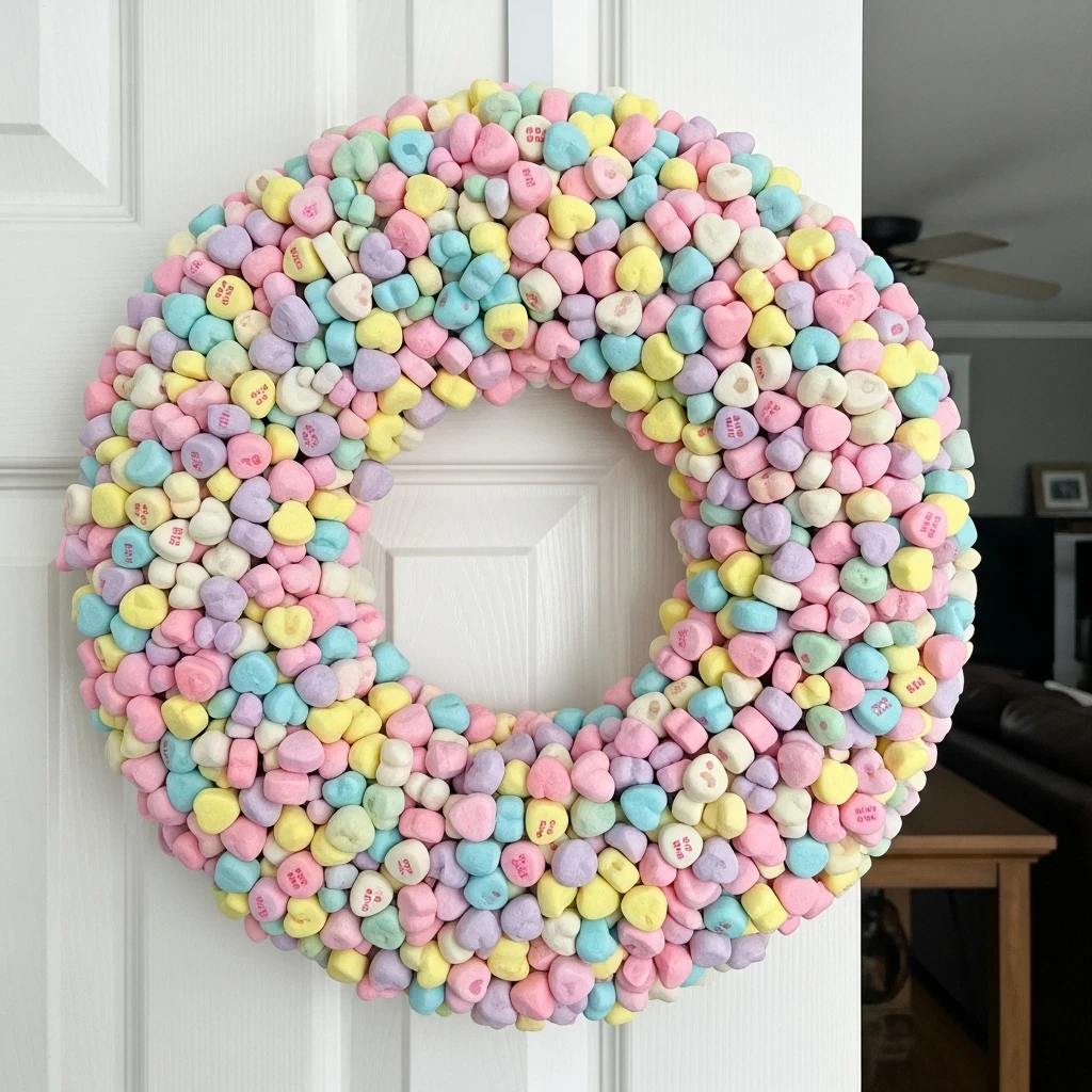 Nostalgic Candy Hearts - 30 Beautiful Valentine Wreath Ideas for a Quick Update