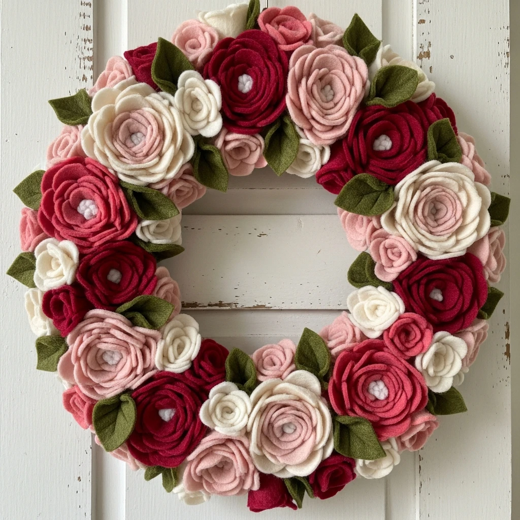 Sweet Felt Flowers Wreath - 30 Beautiful Valentine Wreath Ideas for a Quick Update