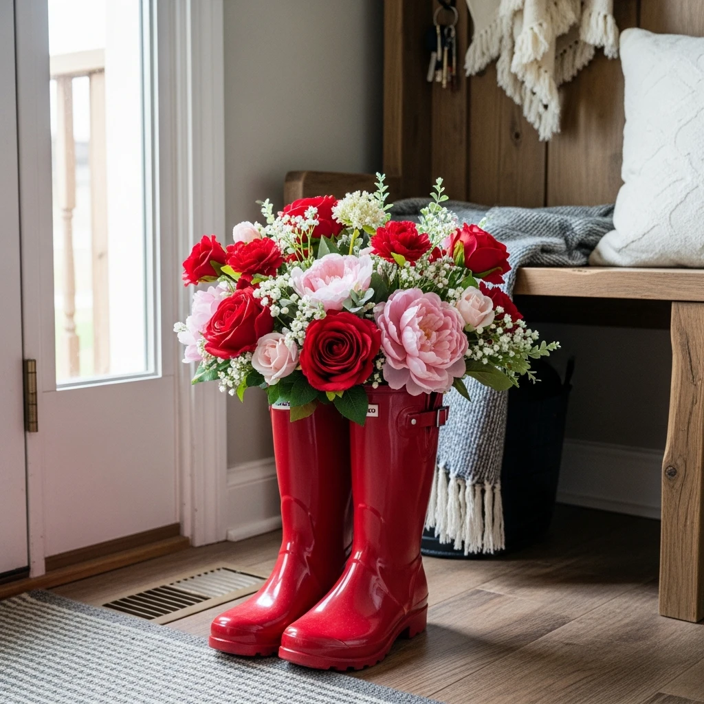 Red Boots with Flowers - 30 Simple Valentine Entryway Ideas: Get a Beautiful, Cozy Look on a Budget