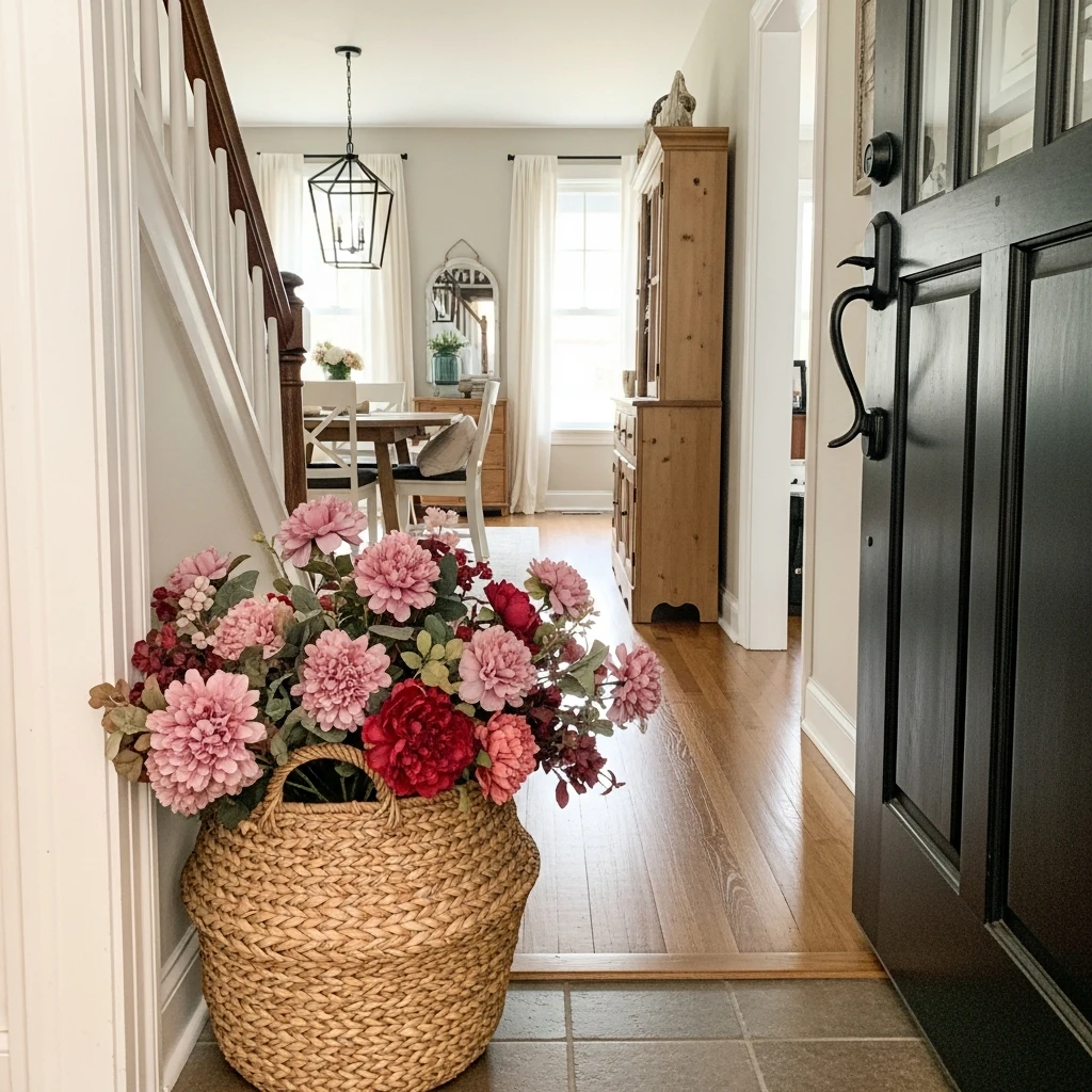 Pink Floral Entry Basket - 30 Simple Valentine Entryway Ideas: Get a Beautiful, Cozy Look on a Budget