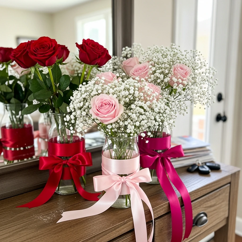 Ribbon-Wrapped Vases - 30 Simple Valentine Entryway Ideas: Get a Beautiful, Cozy Look on a Budget