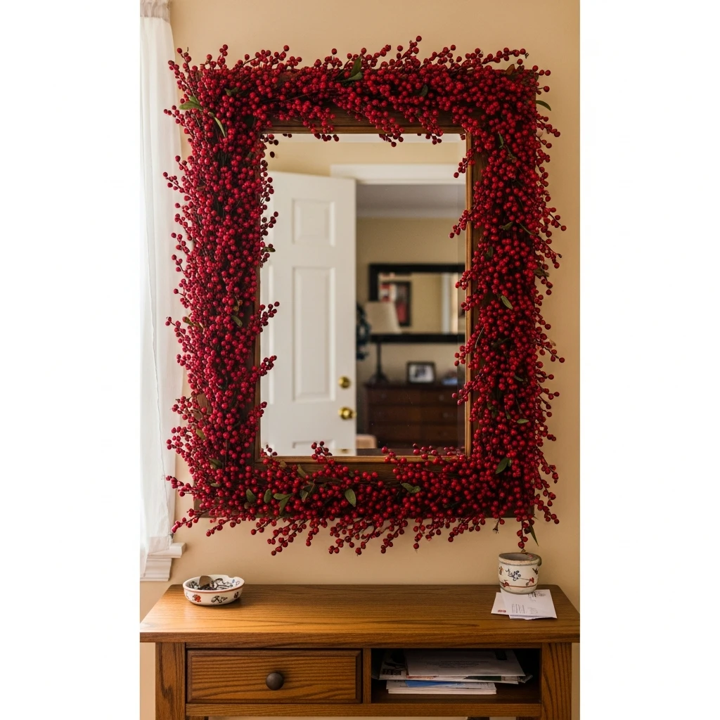 Berry Garland Mirror Frame - 30 Simple Valentine Entryway Ideas: Get a Beautiful, Cozy Look on a Budget
