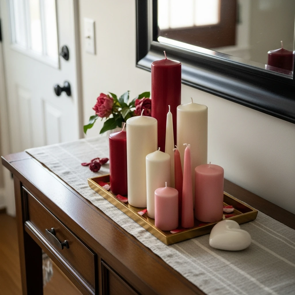 Candle Vignette Trio - 30 Simple Valentine Entryway Ideas: Get a Beautiful, Cozy Look on a Budget