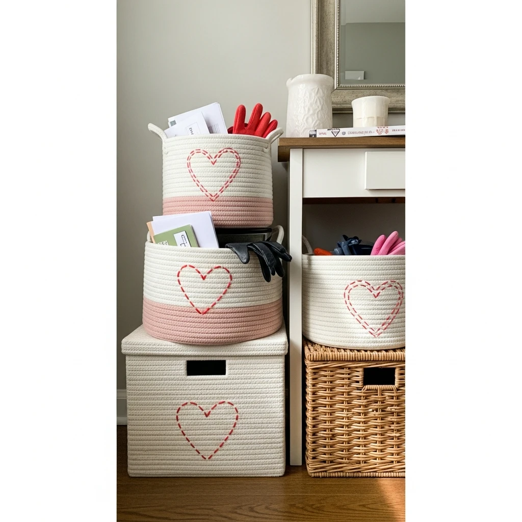 Heart Pattern Storage - 30 Simple Valentine Entryway Ideas: Get a Beautiful, Cozy Look on a Budget