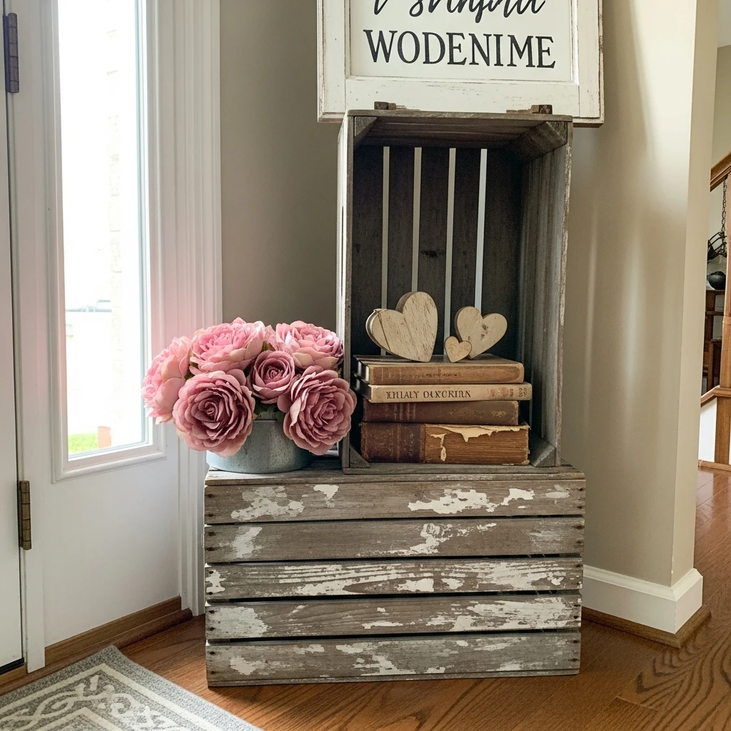 Farmhouse Entry Crate - 30 Simple Valentine Entryway Ideas: Get a Beautiful, Cozy Look on a Budget