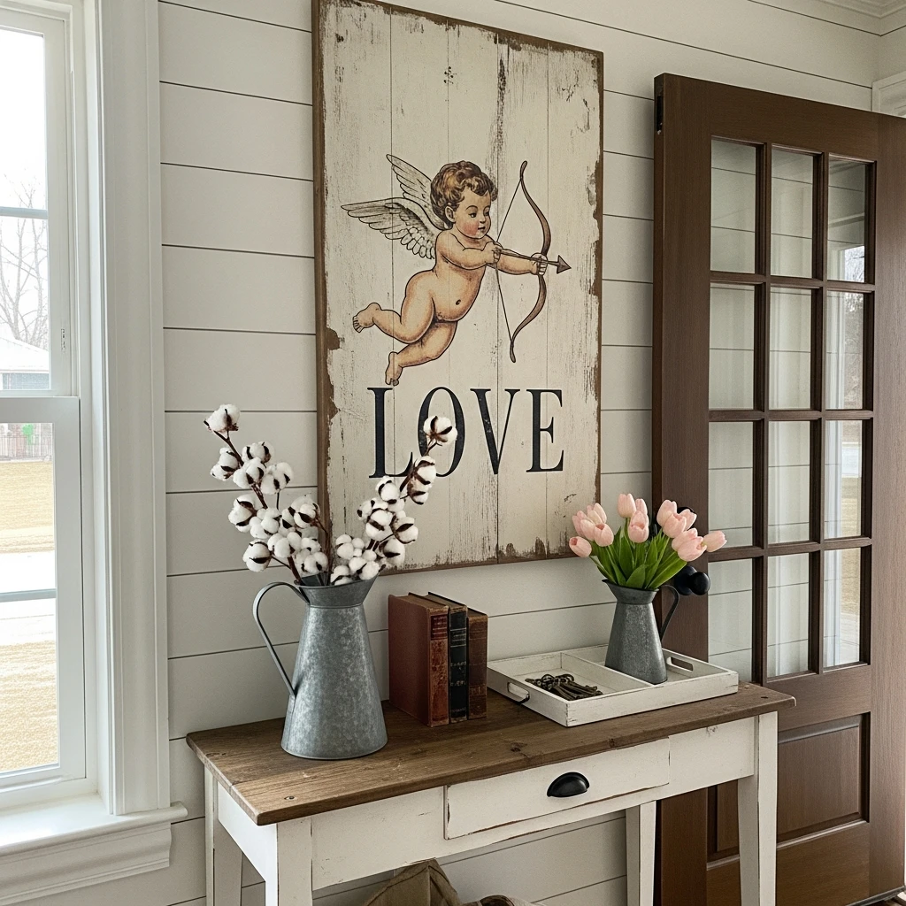 Vintage Cupid Sign Decor - 30 Simple Valentine Entryway Ideas: Get a Beautiful, Cozy Look on a Budget