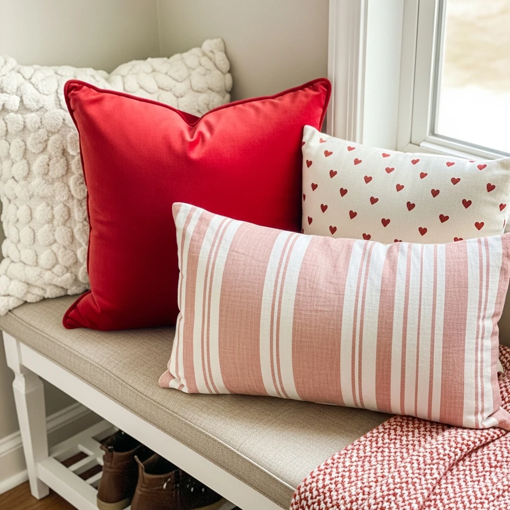 Red and Pink Throw Pillows - 30 Simple Valentine Entryway Ideas: Get a Beautiful, Cozy Look on a Budget