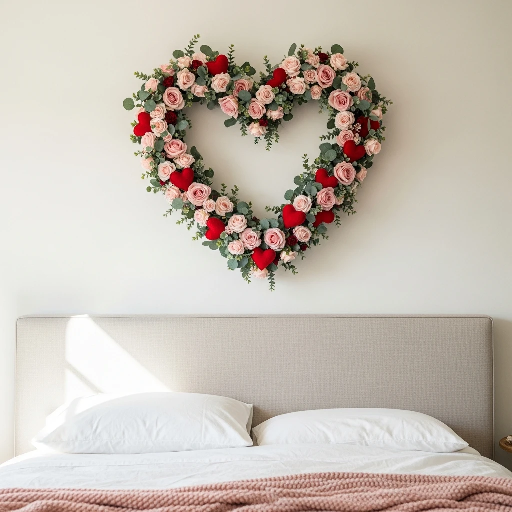 Romantic Heart Wreath - 40 Simple & Budget-Friendly Valentine's Day Bedroom Decor Ideas