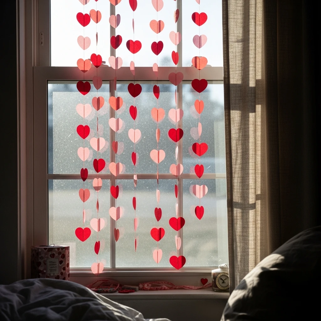 Window Heart Garland - 40 Simple & Budget-Friendly Valentine's Day Bedroom Decor Ideas