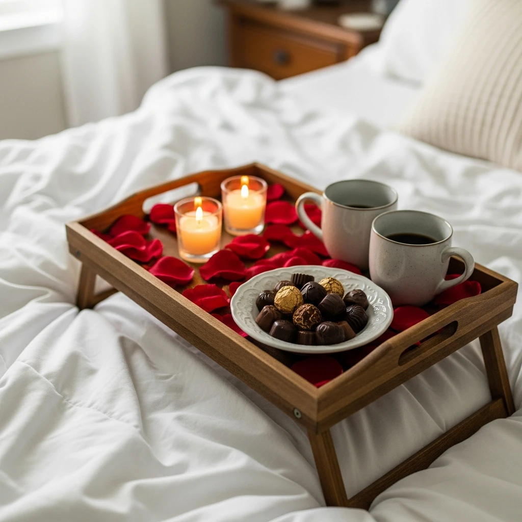 Romantic Bed Tray Setup - 40 Simple & Budget-Friendly Valentine's Day Bedroom Decor Ideas