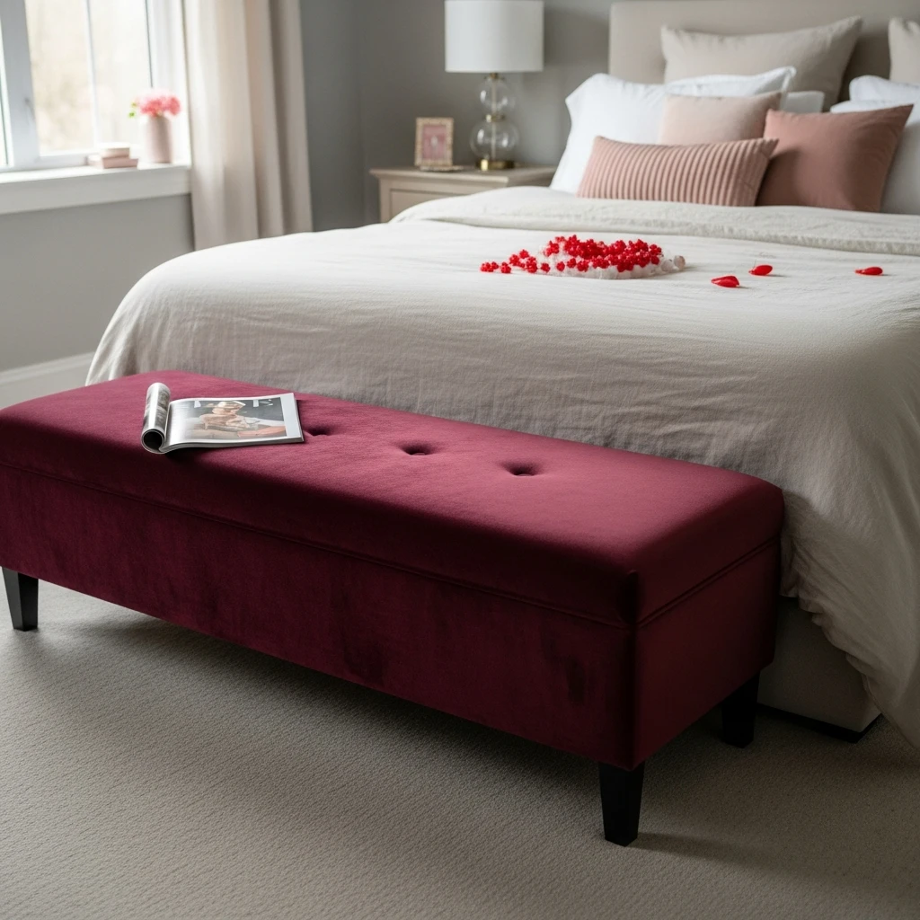 Velvet Bench Adds Romance - 40 Simple & Budget-Friendly Valentine's Day Bedroom Decor Ideas