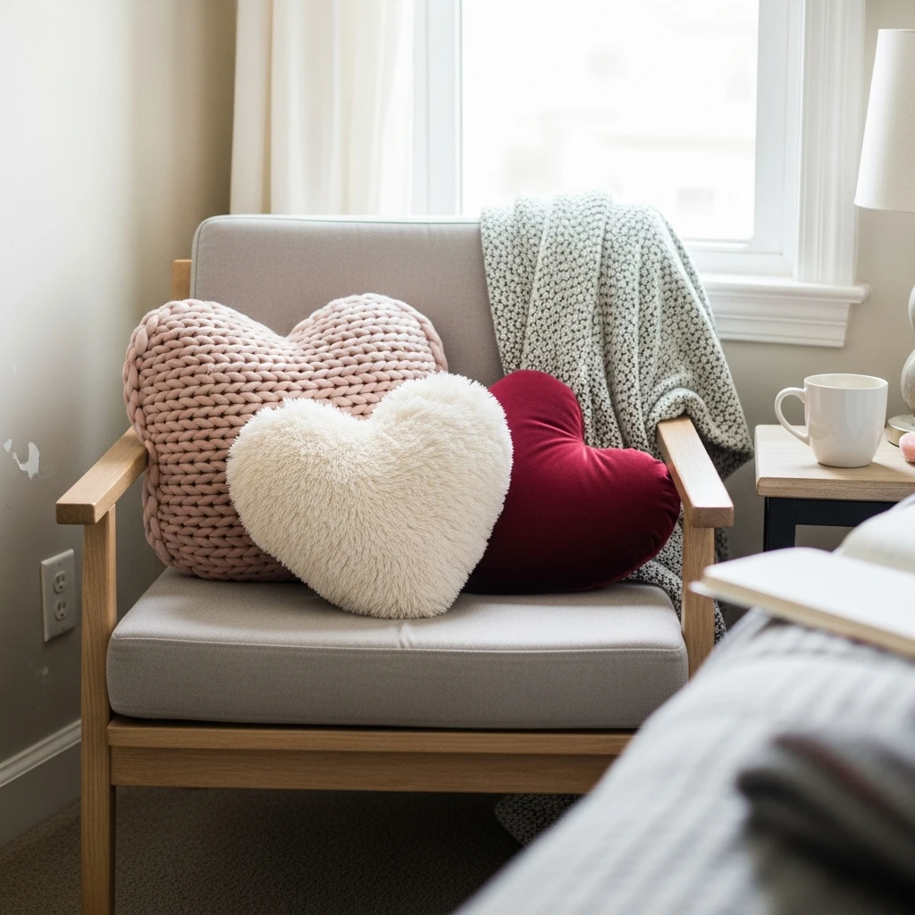 Accent Chair Heart Cushions - 40 Simple & Budget-Friendly Valentine's Day Bedroom Decor Ideas