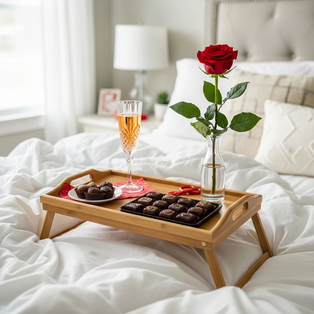High-End Bed Tray Setup - 40 Simple & Budget-Friendly Valentine's Day Bedroom Decor Ideas