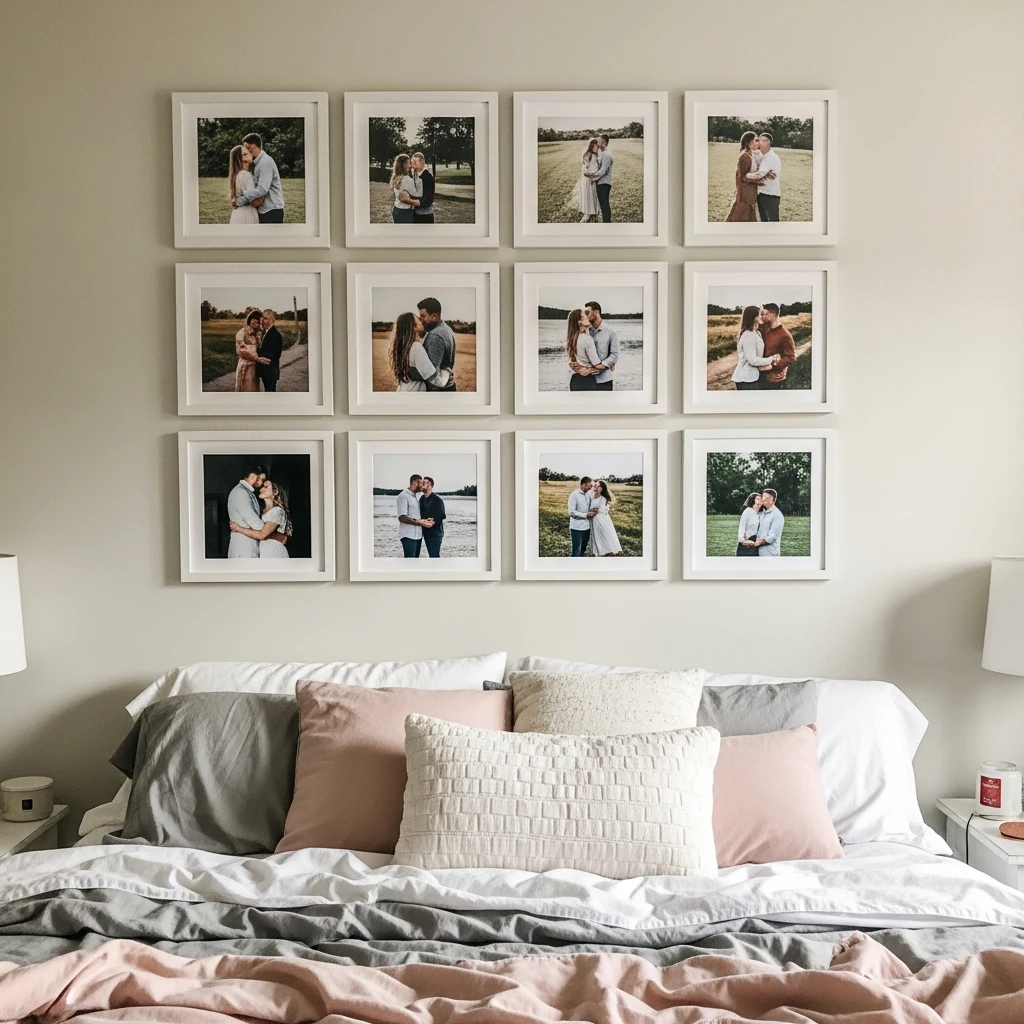 Memory Photo Wall Collage - 40 Simple & Budget-Friendly Valentine's Day Bedroom Decor Ideas