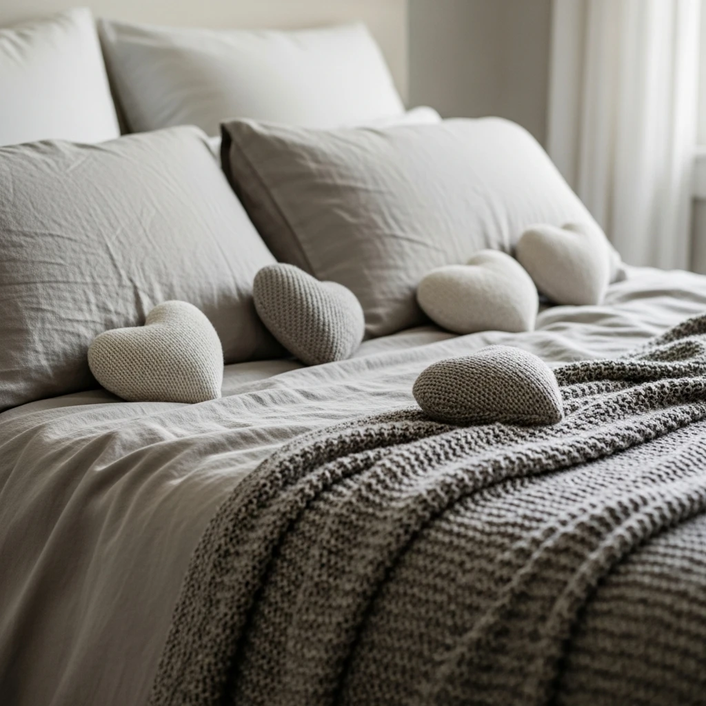 Cute Plush Heart Details - 40 Simple & Budget-Friendly Valentine's Day Bedroom Decor Ideas