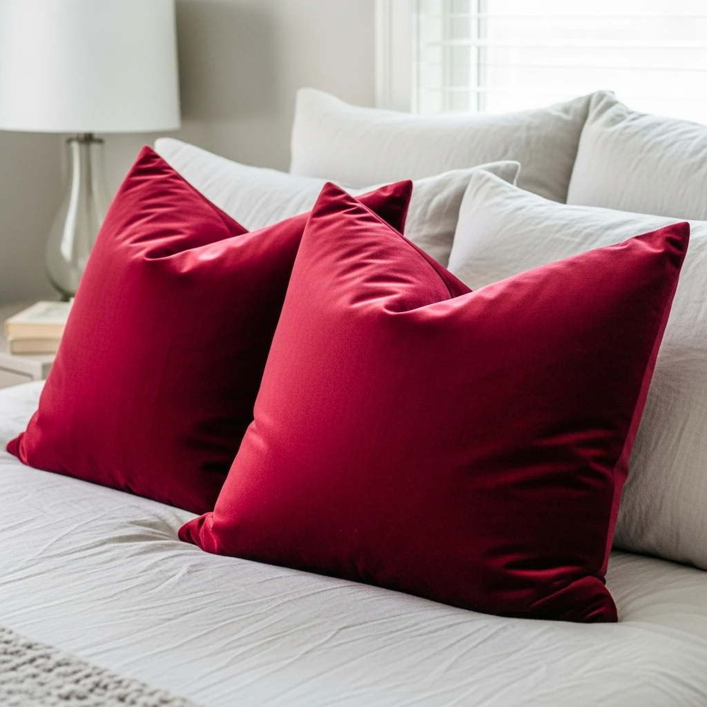 Deep Red Velvet Pillows - 40 Simple & Budget-Friendly Valentine's Day Bedroom Decor Ideas