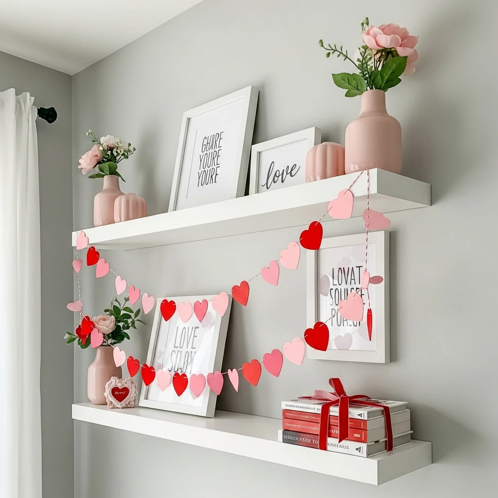 Styled Valentine Floating Shelves - 40 Simple & Budget-Friendly Valentine's Day Bedroom Decor Ideas