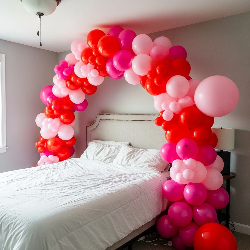 Bold Balloon Arch Focal - 40 Simple & Budget-Friendly Valentine's Day Bedroom Decor Ideas