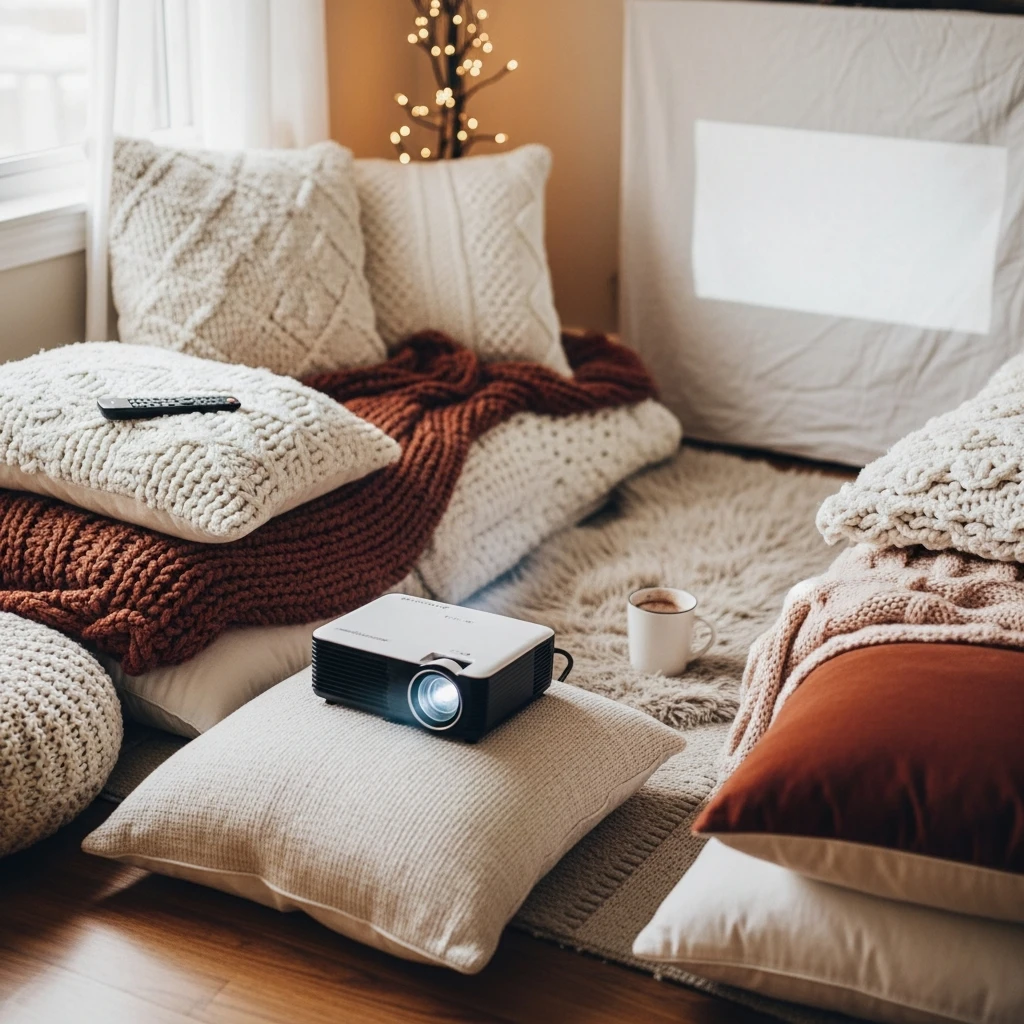 Cozy Projector Movie Night - 40 Budget-Friendly Valentine's Day Room Set Up Ideas