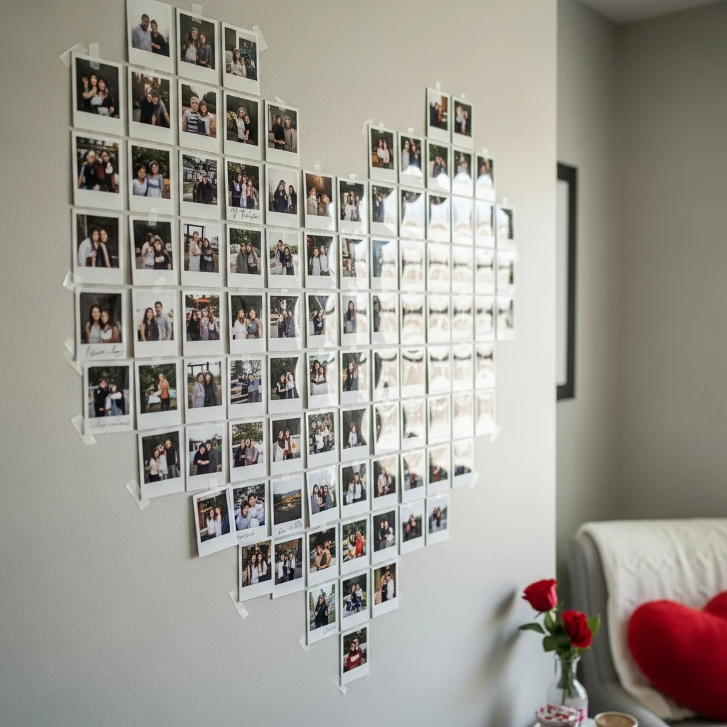Heart Polaroid Memory Wall - 40 Budget-Friendly Valentine's Day Room Set Up Ideas