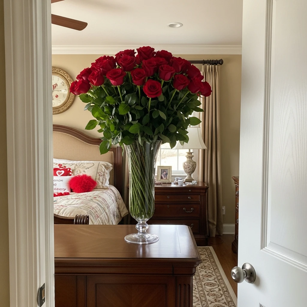 Tall Vase Red Roses - 40 Budget-Friendly Valentine's Day Room Set Up Ideas