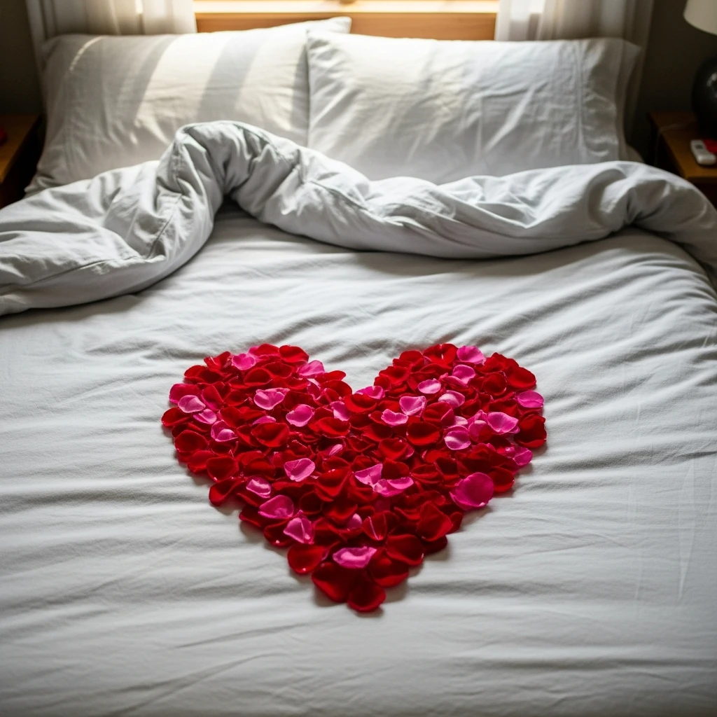 Petals Only On The Duvet - 40 Budget-Friendly Valentine's Day Room Set Up Ideas