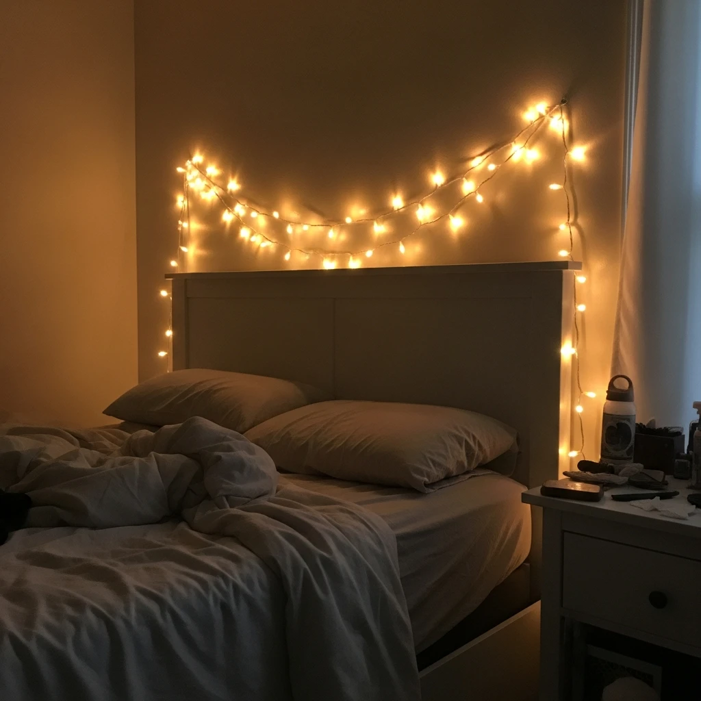 String Lights Behind Headboard - 40 Budget-Friendly Valentine's Day Room Set Up Ideas