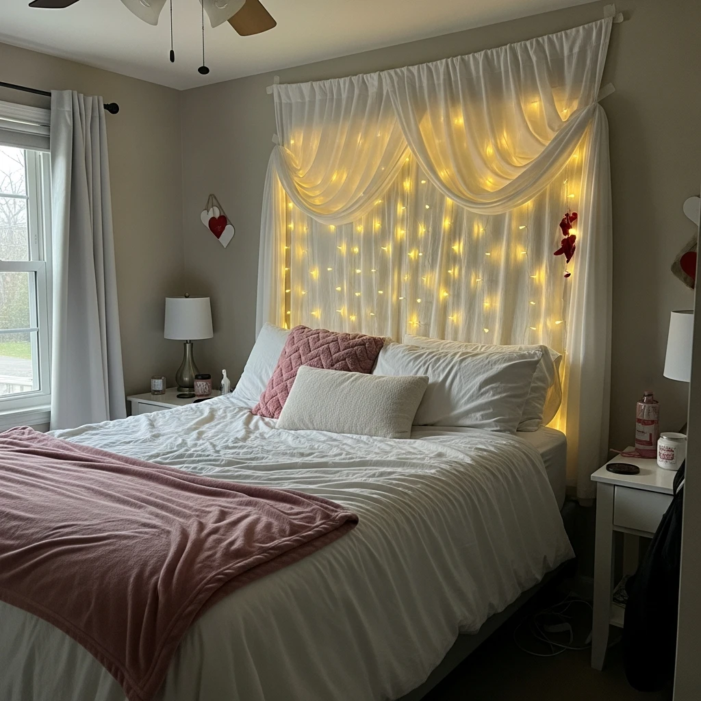 Dreamy Curtain Light Wall - 40 Budget-Friendly Valentine's Day Room Set Up Ideas